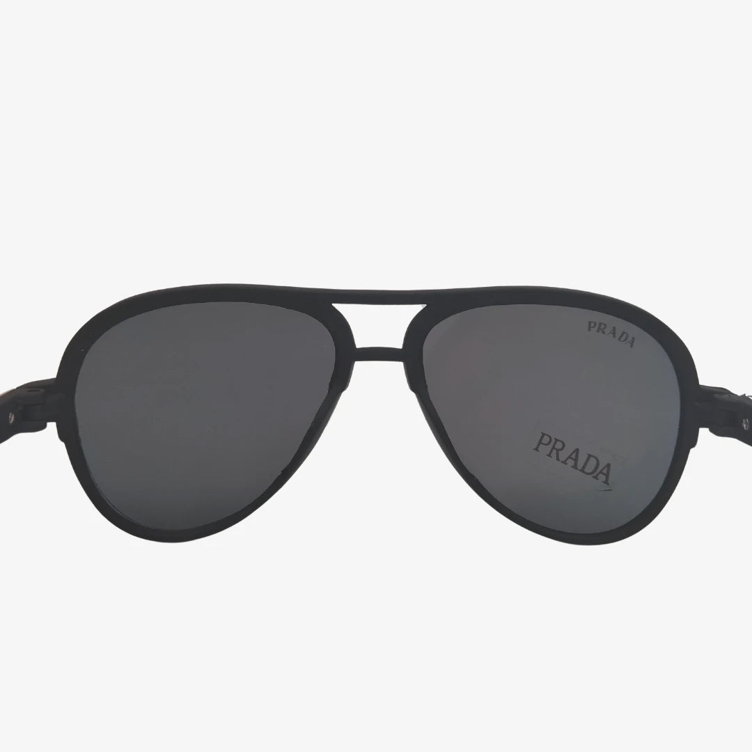 Prada aviator sunglasses in black, back view.