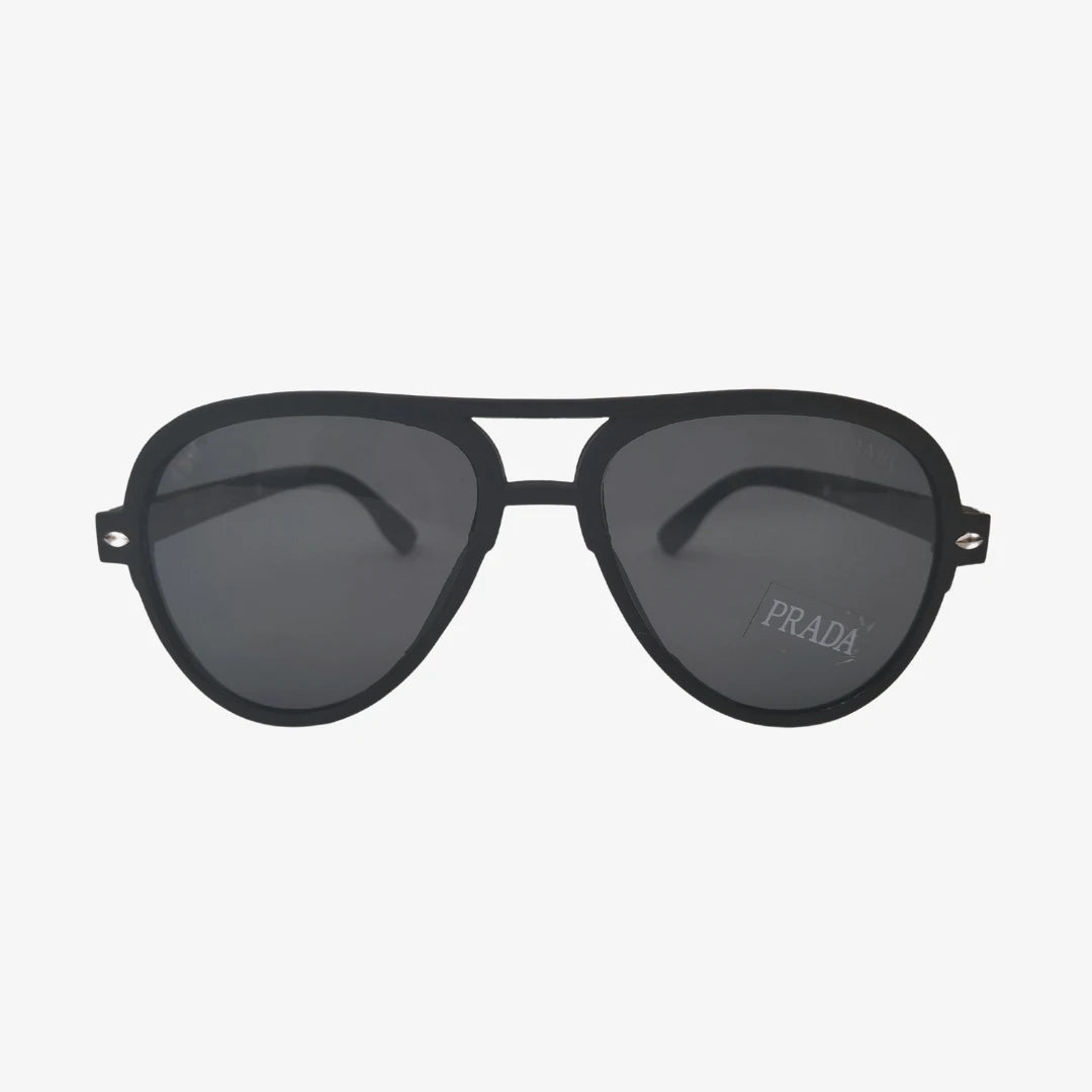 Prada aviator sunglasses in black, front view.