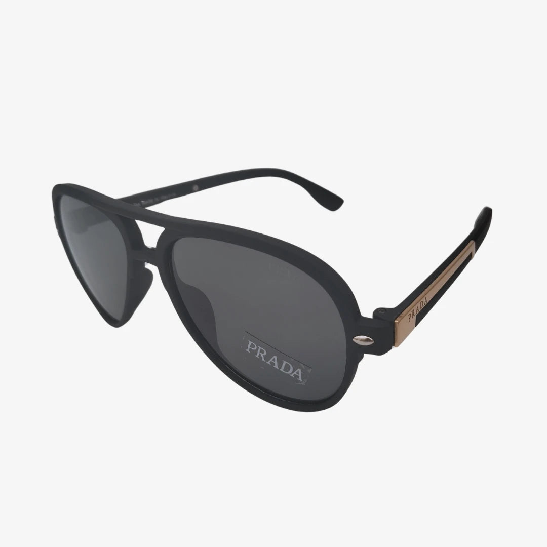 Prada aviator sunglasses in black, side view.