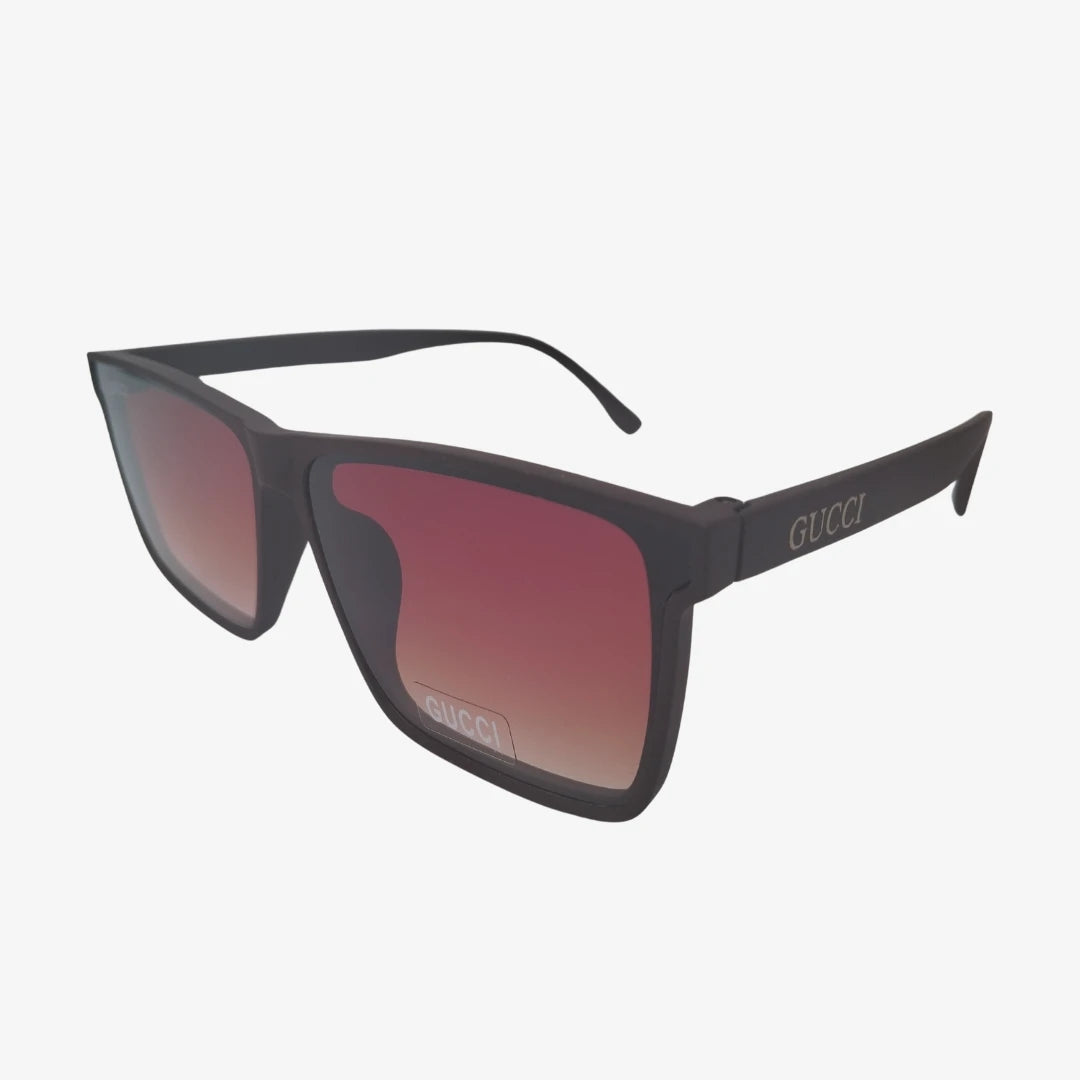 Gucci square sunglasses in black, side view.