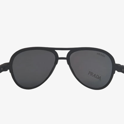 Prada aviator sunglasses in black, back view.