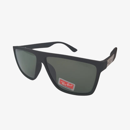 Rayban square sunglasses in black, side view.